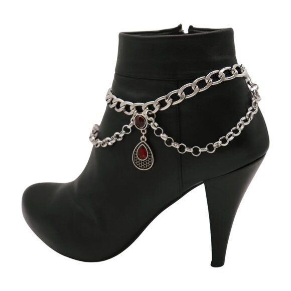 Women Silver Metal Boot Chain Bracelet Shoe Anklet Ethnic Drop Charm Red 2PCS - Picture 14 of 17